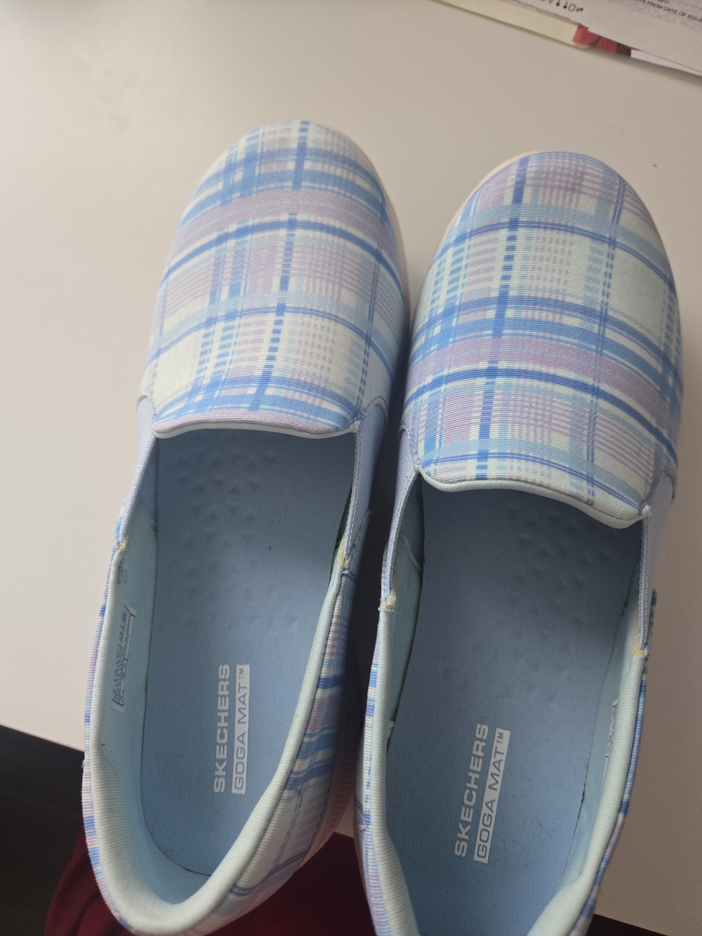 Skechers Slip-On Plaid Sneakers - Light Blue & Lavender